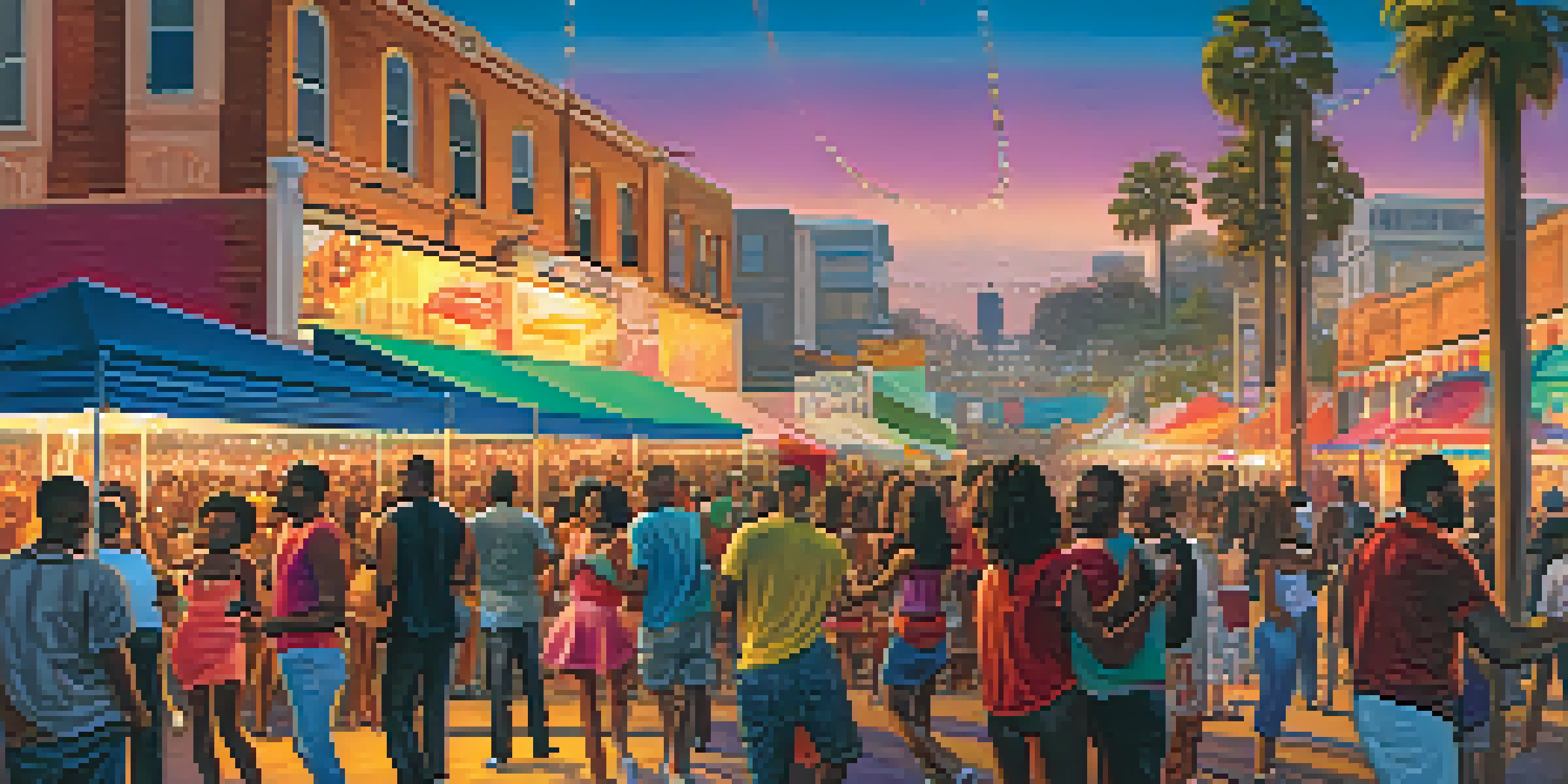 A lively R&B festival in Compton, with musicians on stage and a diverse audience enjoying the performance under colorful lights during sunset.