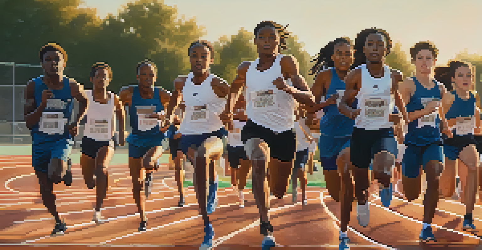 Student-athletes practicing on the track at Compton High School during sunset, showcasing teamwork and determination.