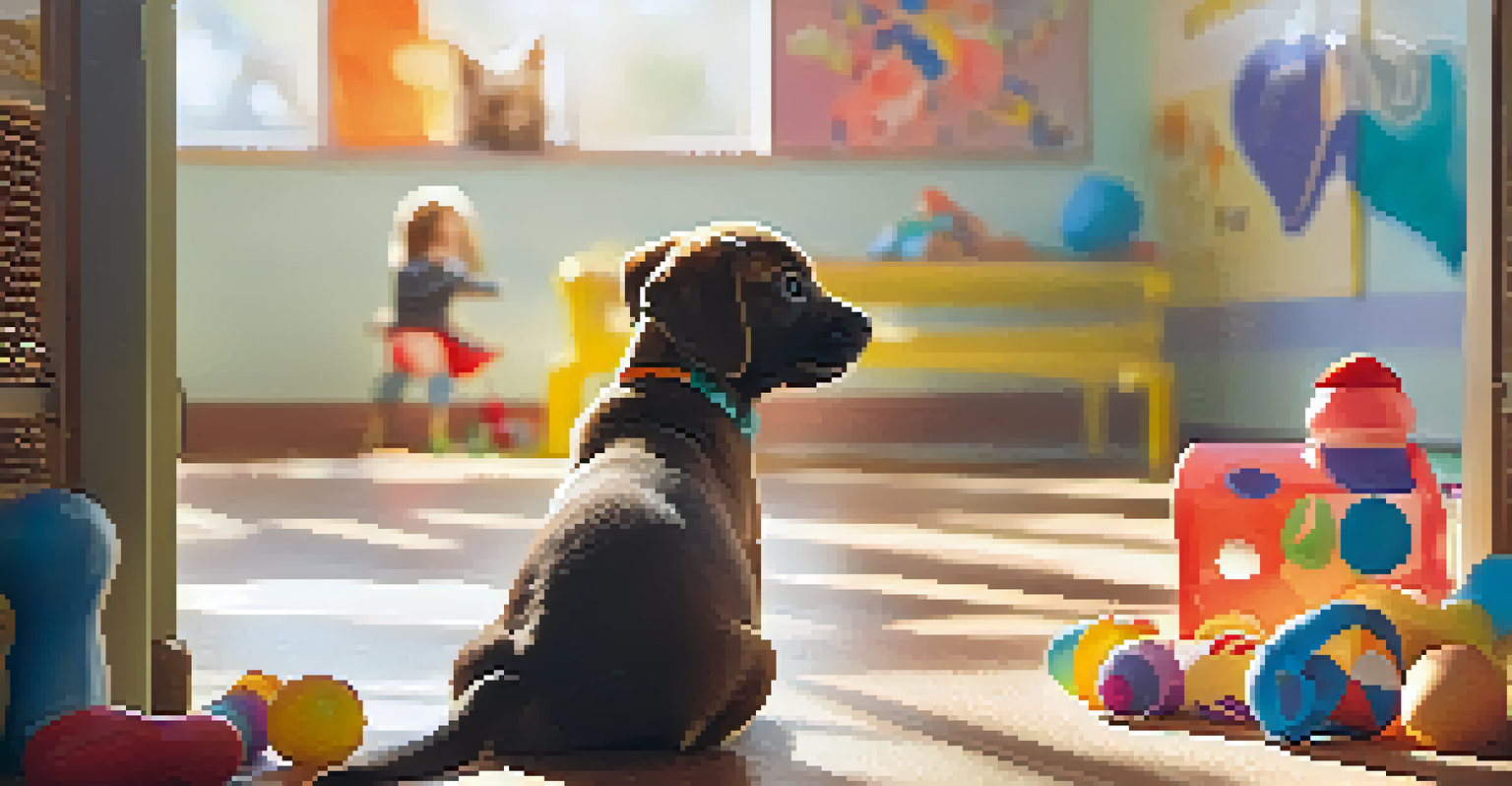 A child happily playing with a puppy at an animal shelter, in a warm and inviting space.