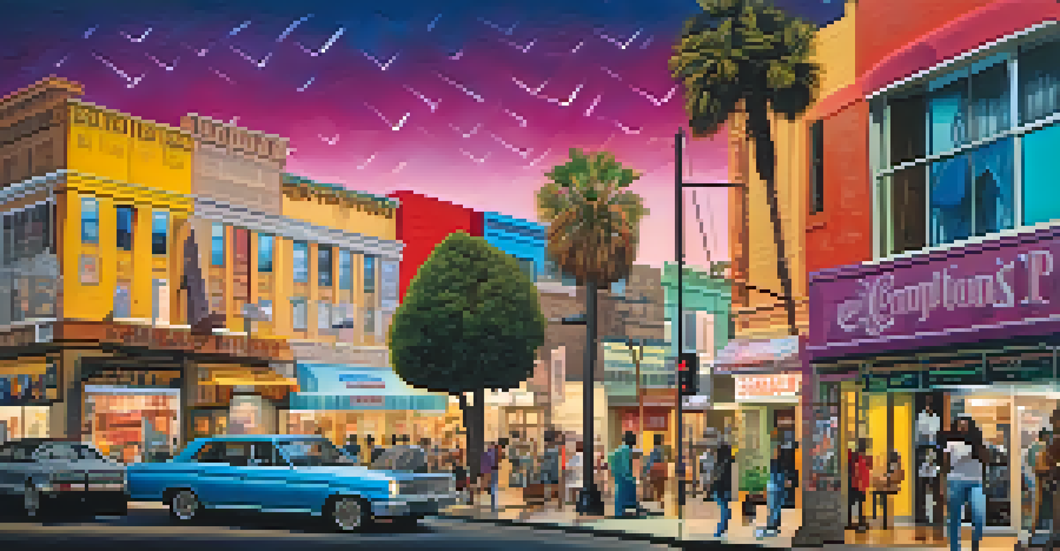 A colorful collage representing Compton's culture with music notes, street fashion, and landmarks, illuminated with soft lighting.
