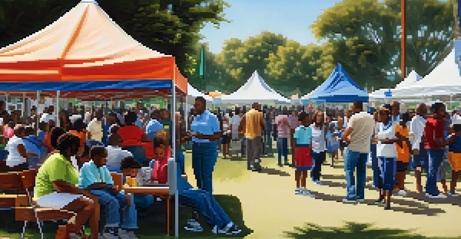 Families gather in a park for a community event celebrating African American educators, with educational stalls and banners.