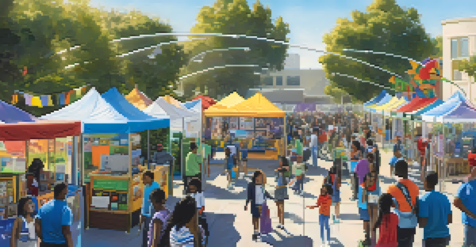 A lively outdoor STEM fair with students showcasing their projects to the community.