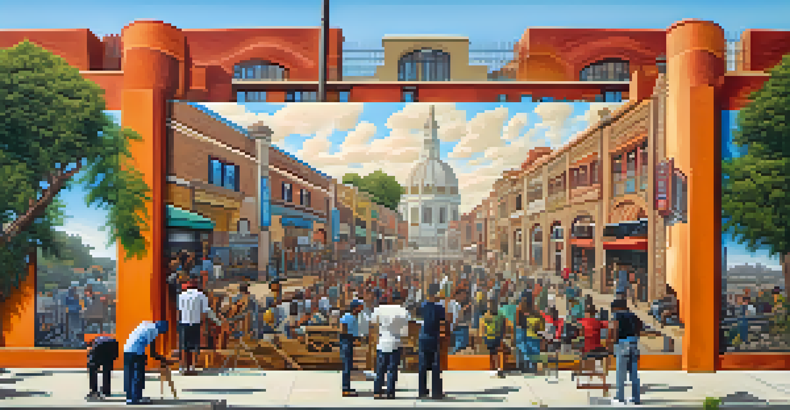 An artist painting a colorful mural that reflects Compton's culture, with community members observing in an urban setting.