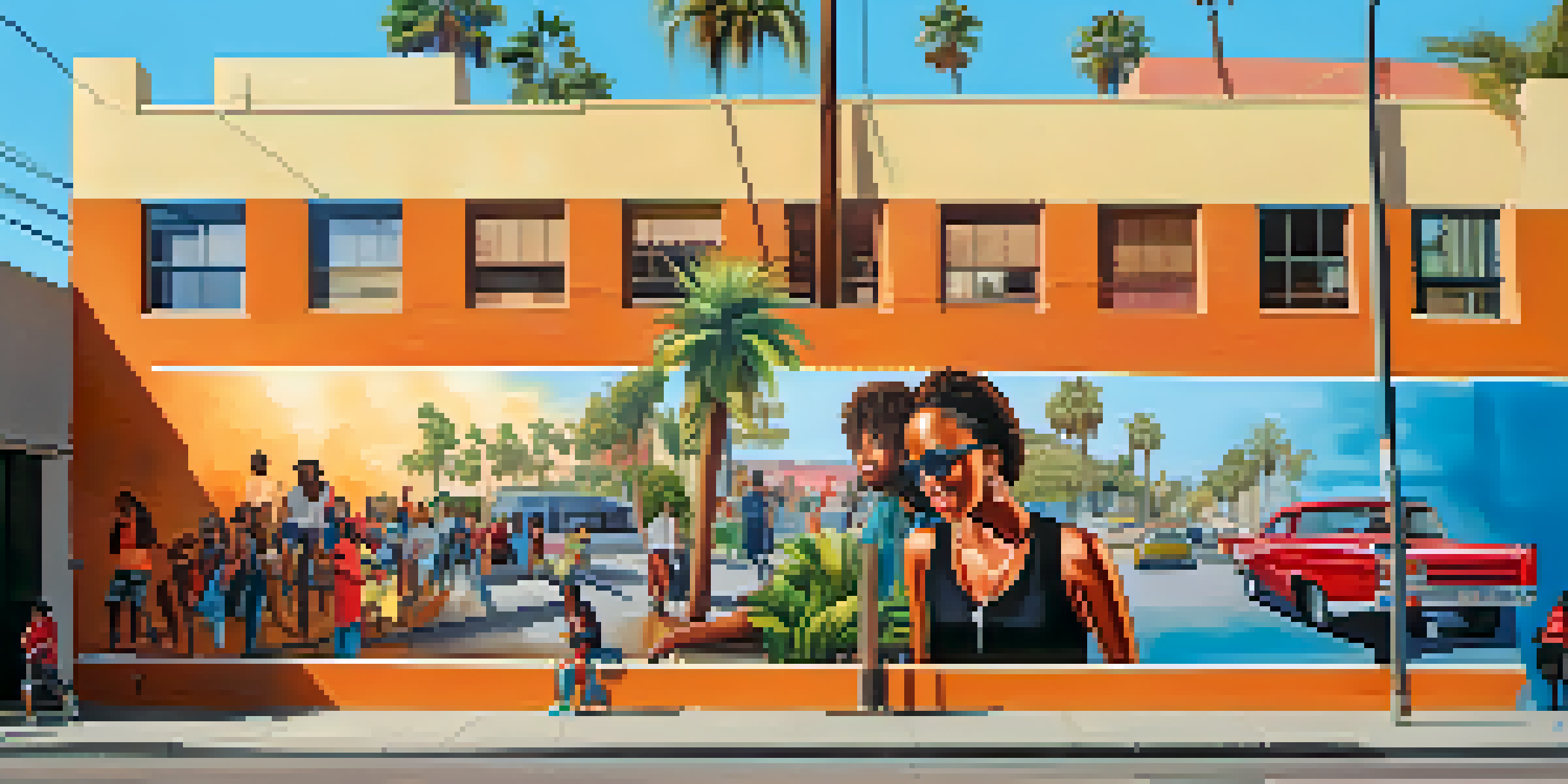 A colorful mural being painted by diverse artists in Compton, California, with palm trees and urban buildings in the background.