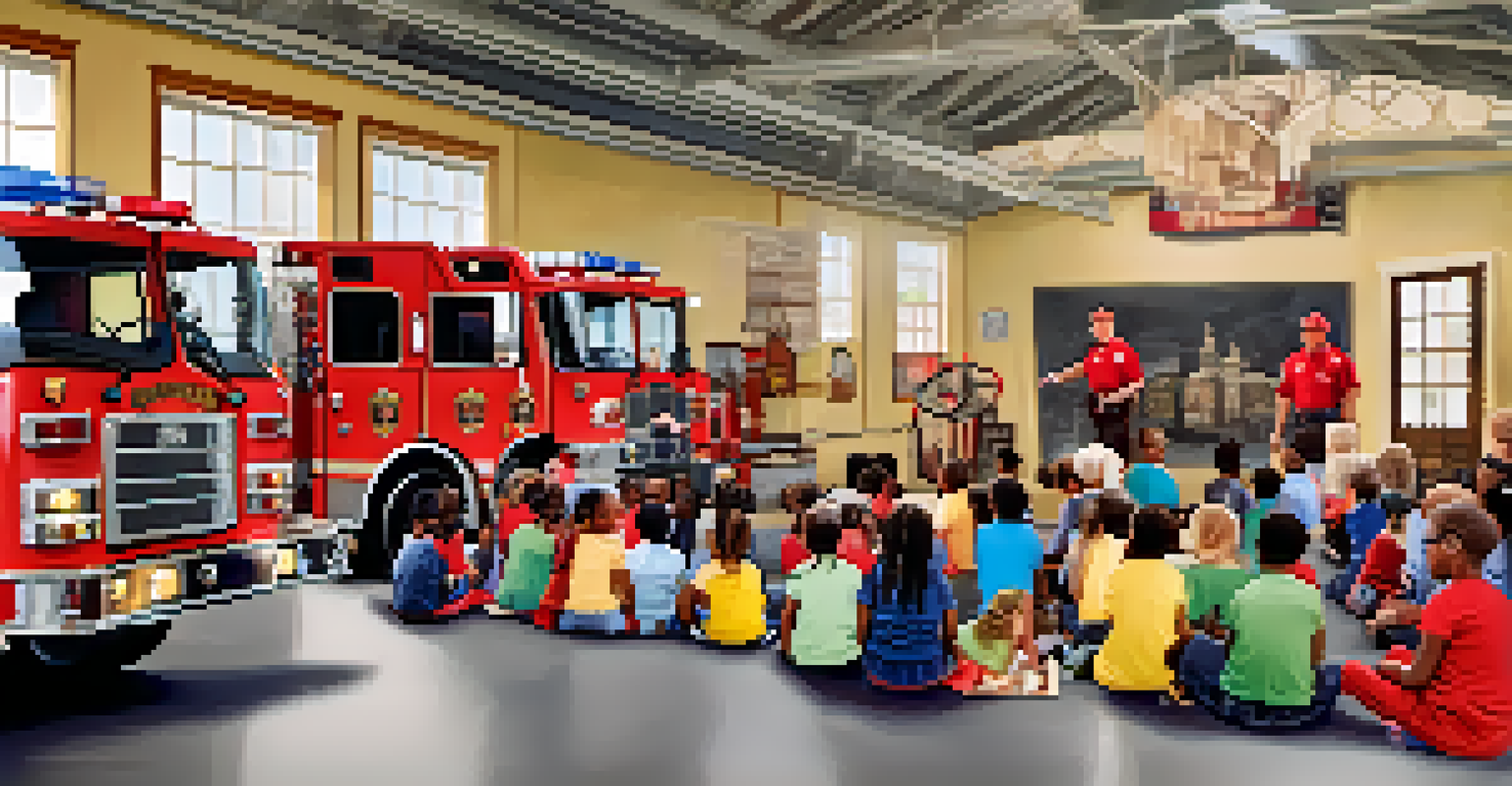 Children learning about fire safety at Compton Firehouse No. 1 with firefighters demonstrating safety equipment.