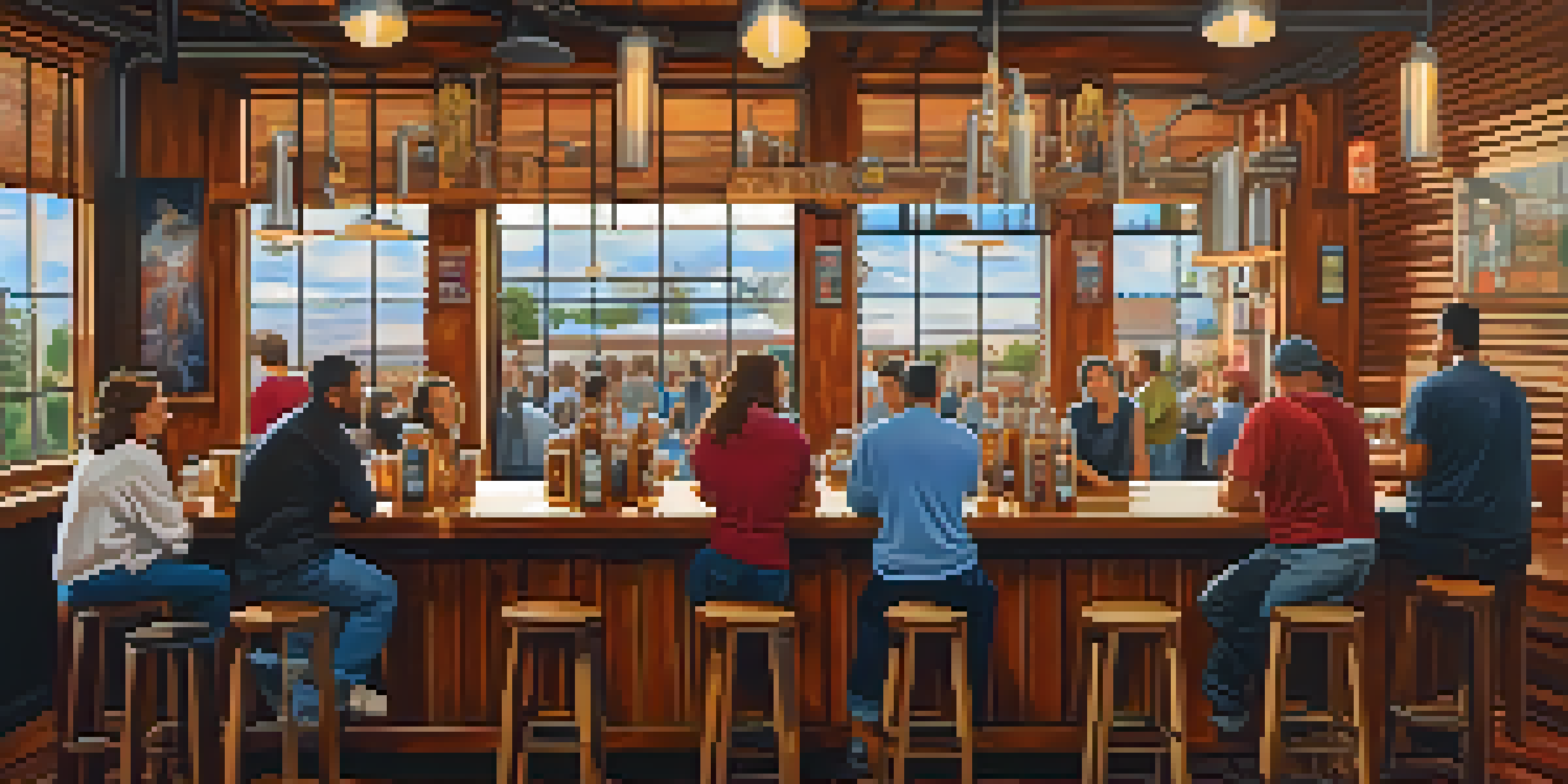 An interior view of a bustling craft brewery in Compton with patrons at the bar and brewing equipment in the background, illuminated by warm afternoon light.