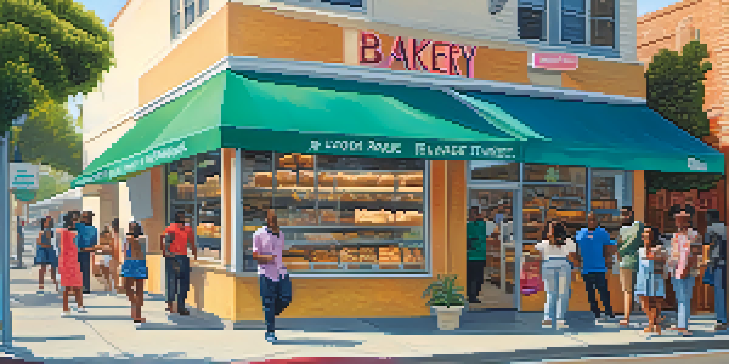 A lively street in Compton with a bakery promoting a food donation campaign, featuring diverse customers and bright storefronts.