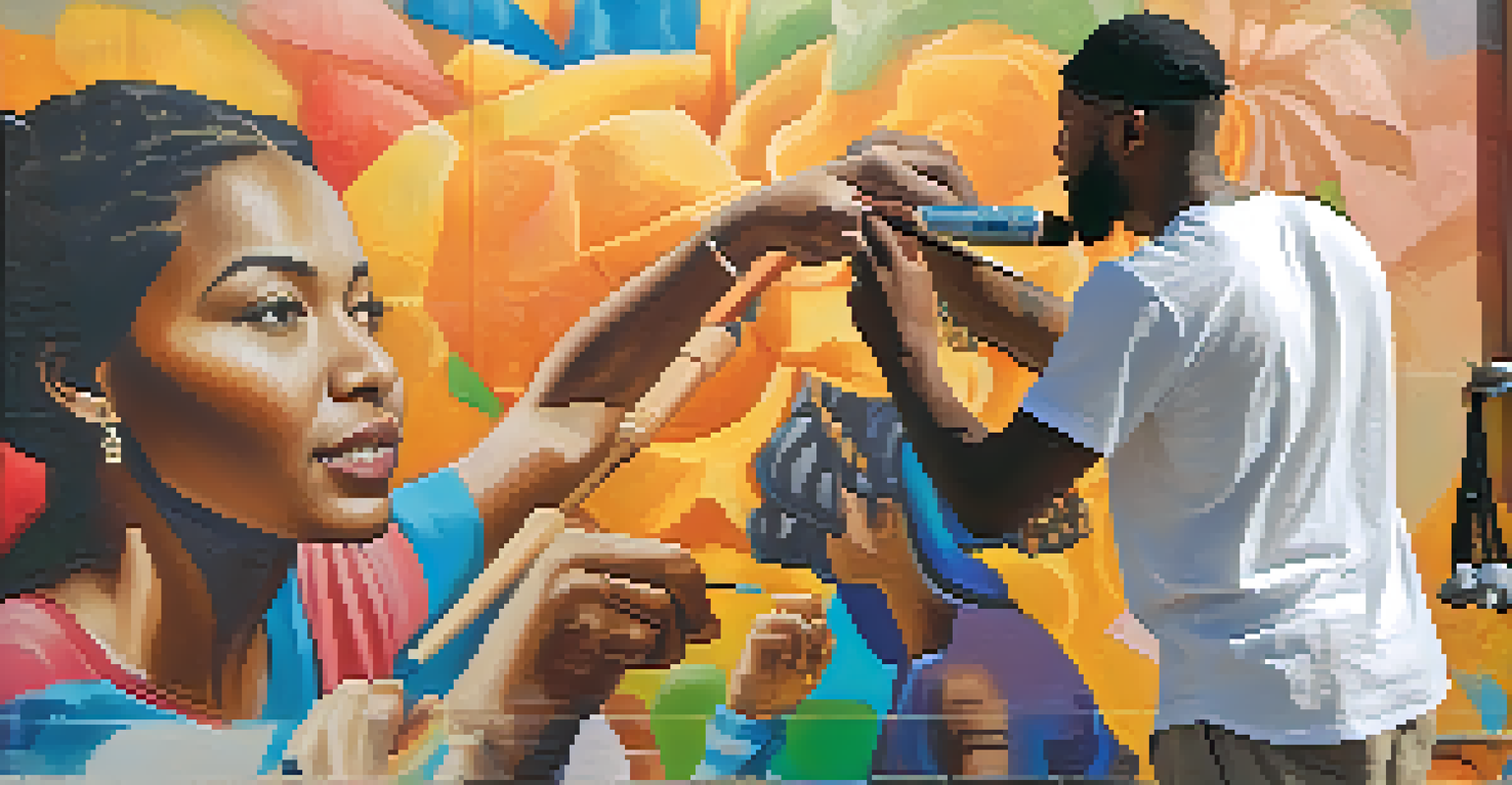 An artist painting a mural in Compton with local youth observing, illuminated by warm afternoon light.