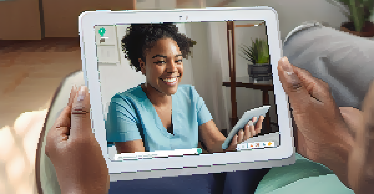 A resident at home using a tablet for a telehealth consultation, looking engaged and comfortable in a cozy room filled with personal items.