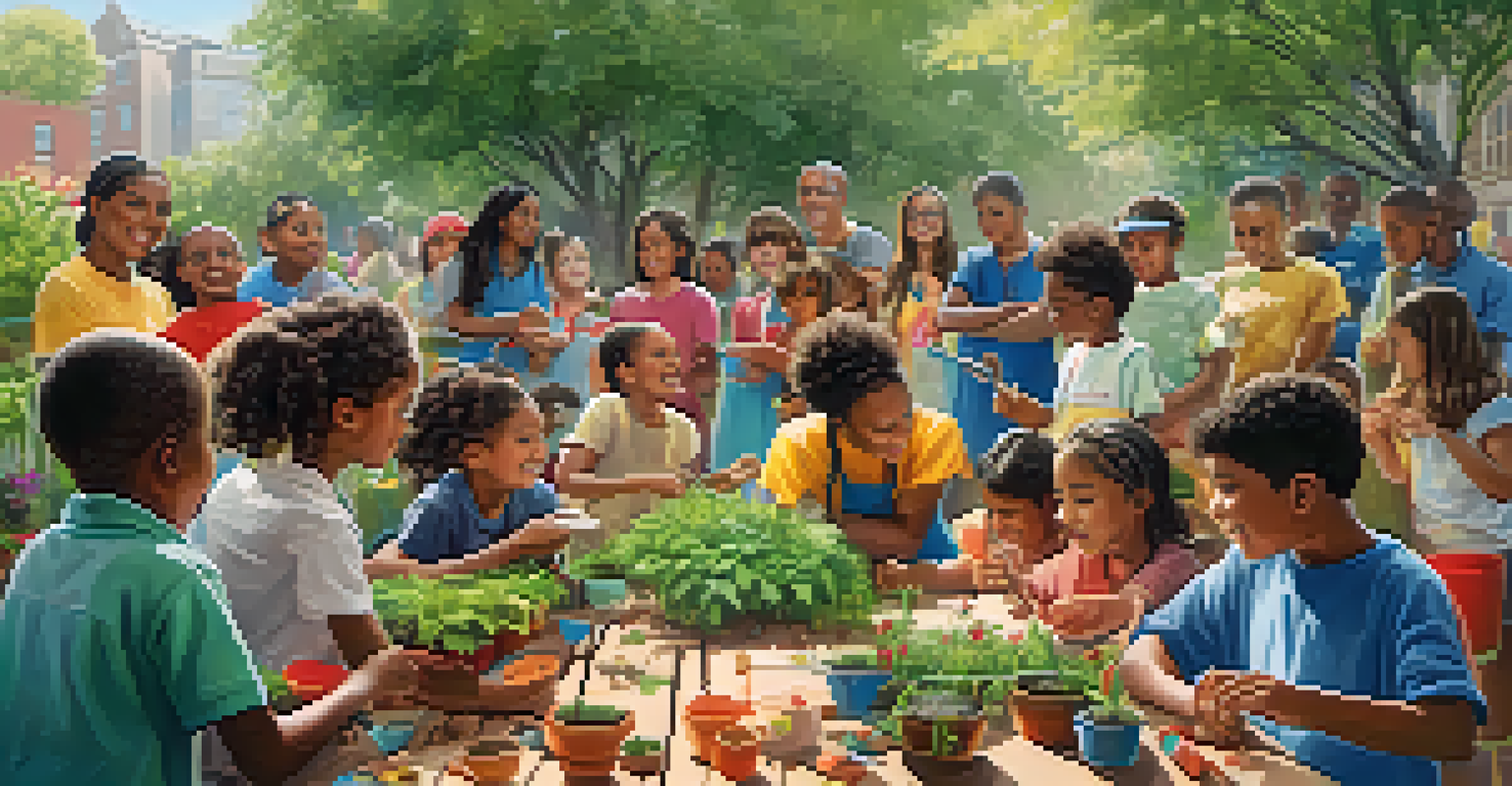 An interactive gardening workshop with children and adults planting seeds and engaging in activities in a vibrant garden setting.