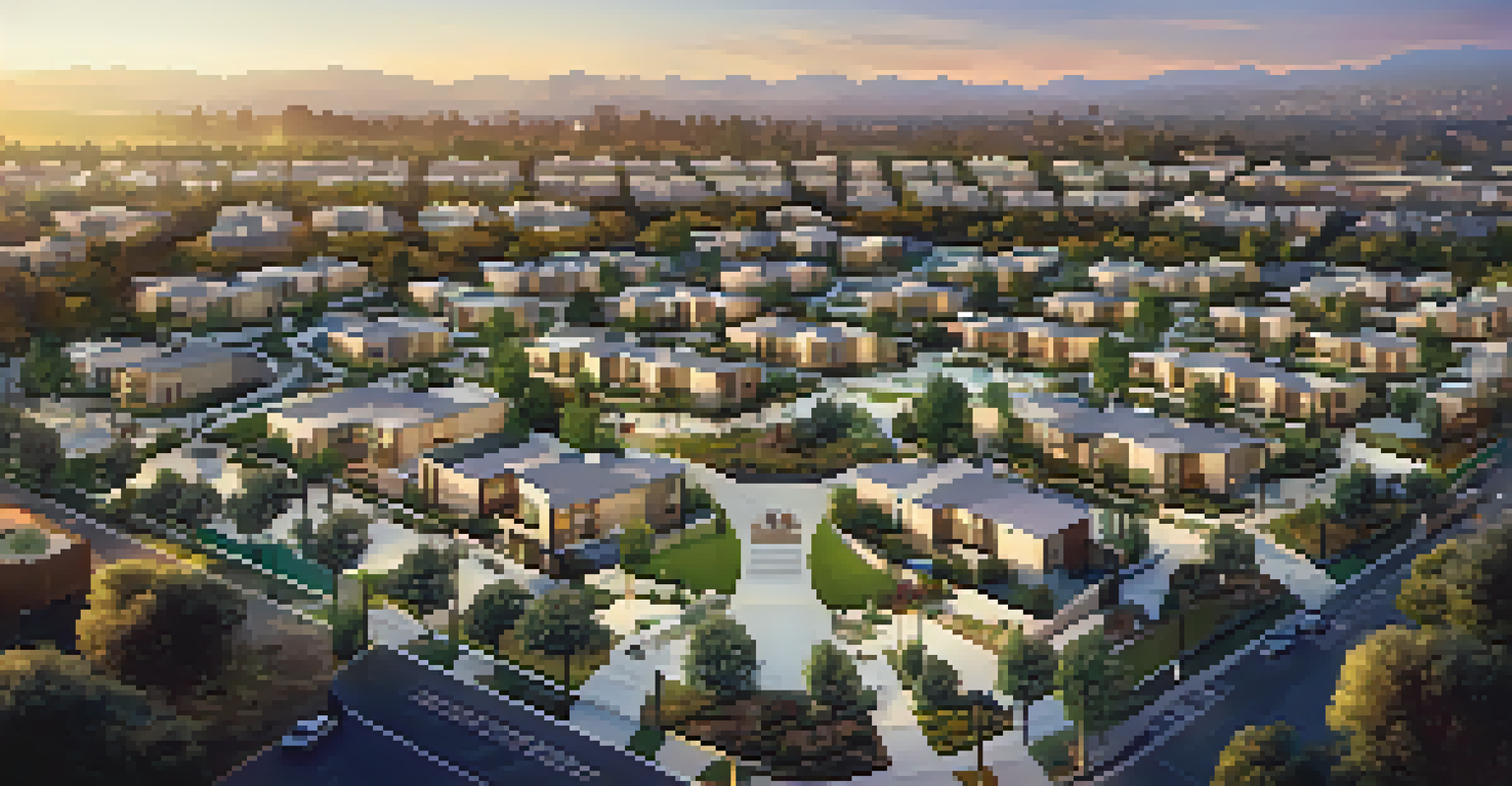 Aerial view of a modern neighborhood in Compton with sustainable homes and green spaces at sunset.