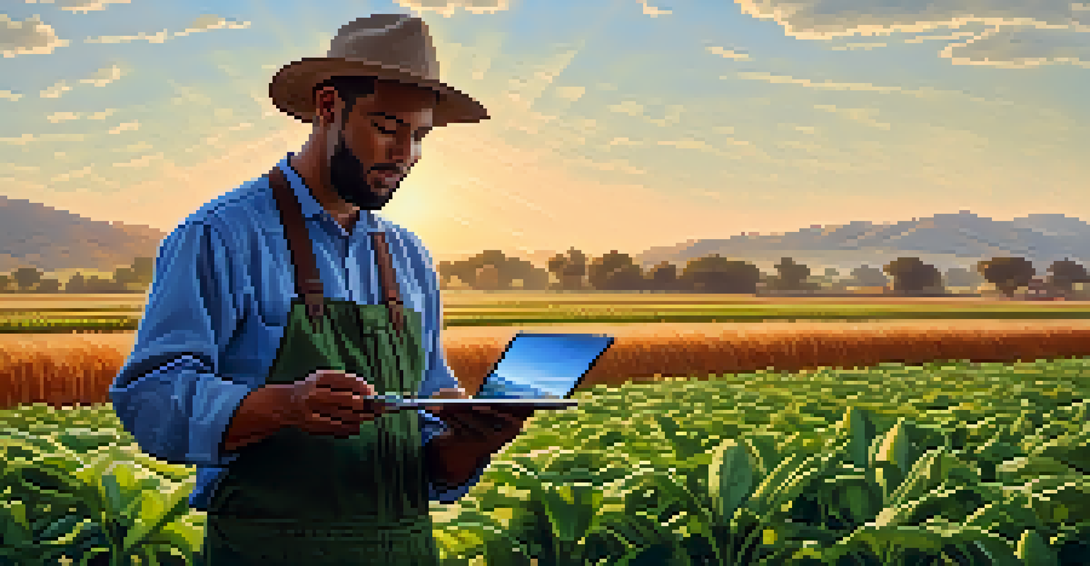 A farmer in Compton using precision agriculture technology in a field surrounded by flourishing crops under warm sunlight.