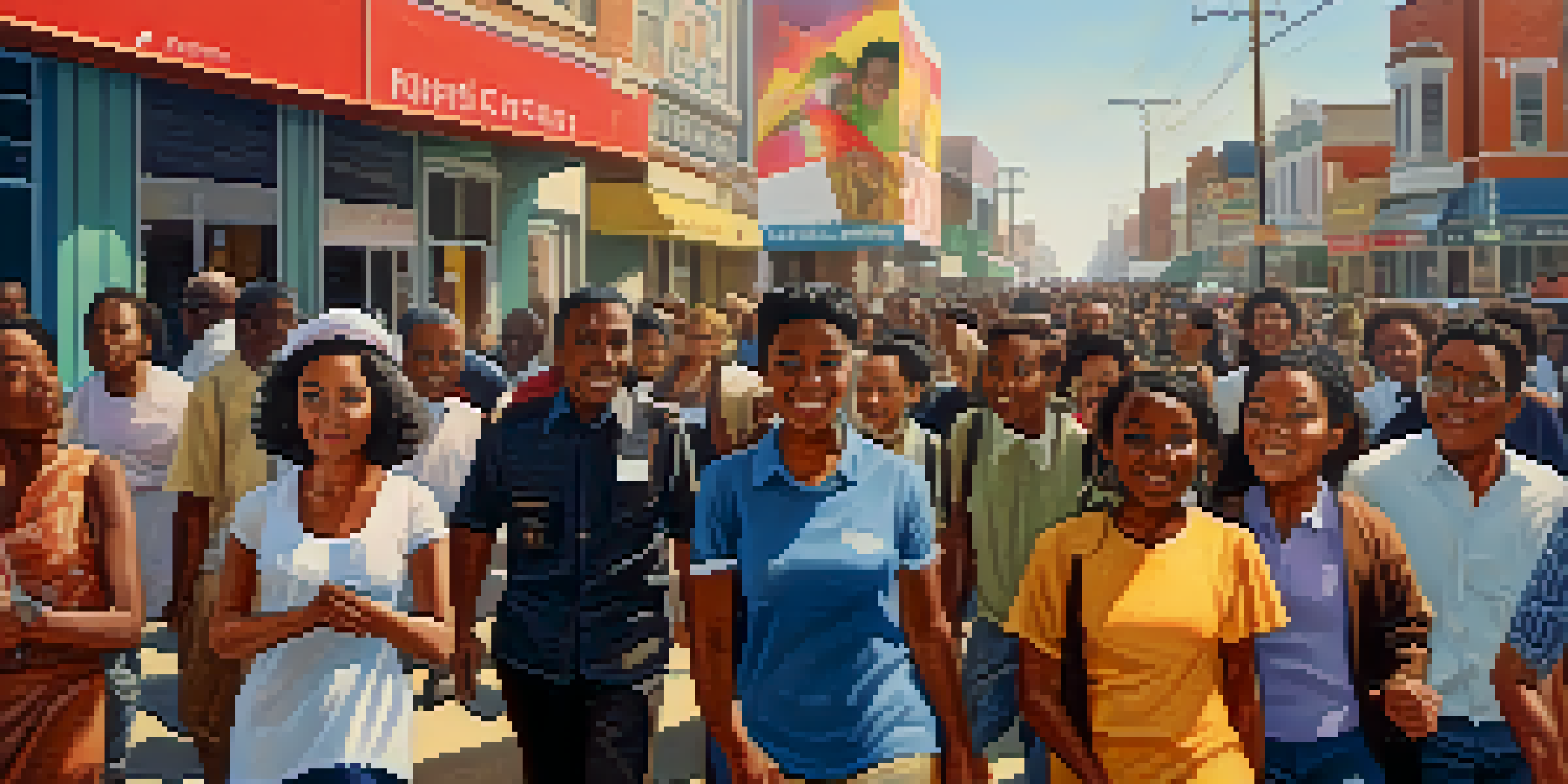 A lively street scene in Compton with diverse groups of people participating in peaceful protests, colorful banners and historical buildings visible.