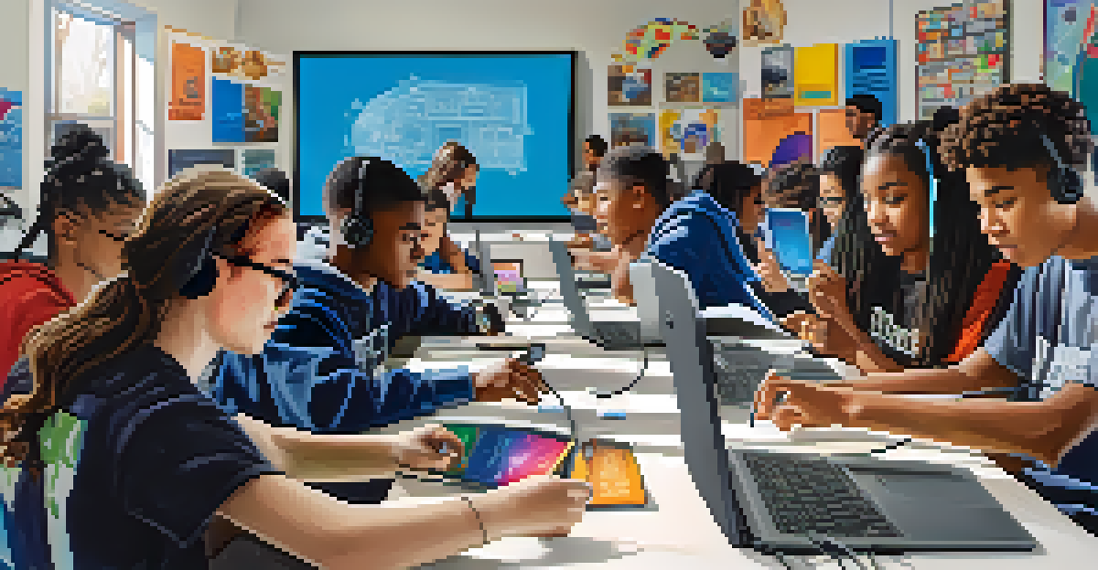 Students in a technology class at Compton High School, working together with modern gadgets and computers in a bright classroom.