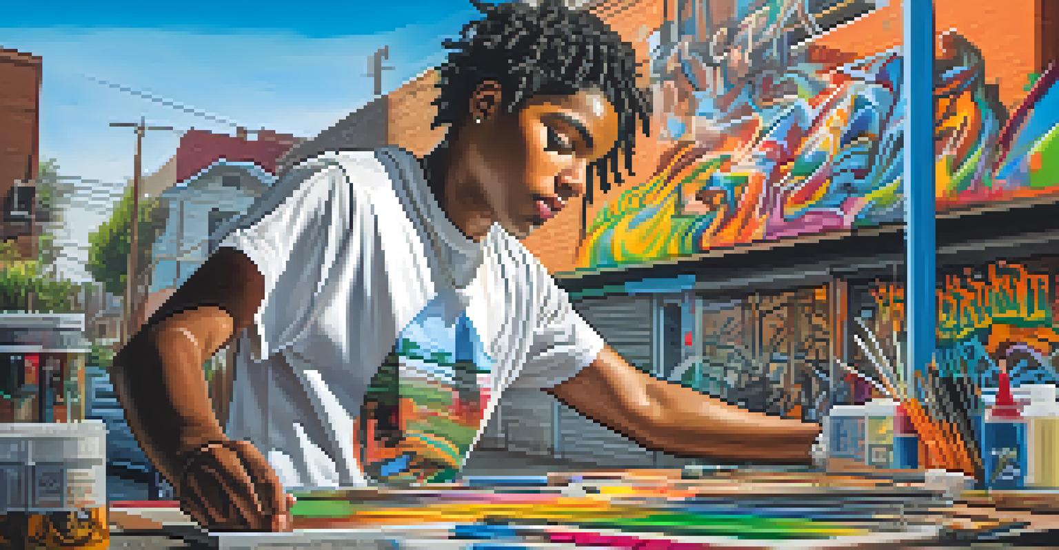 A young artist painting a vibrant mural in Compton, surrounded by art supplies and colorful graffiti, symbolizing creativity.