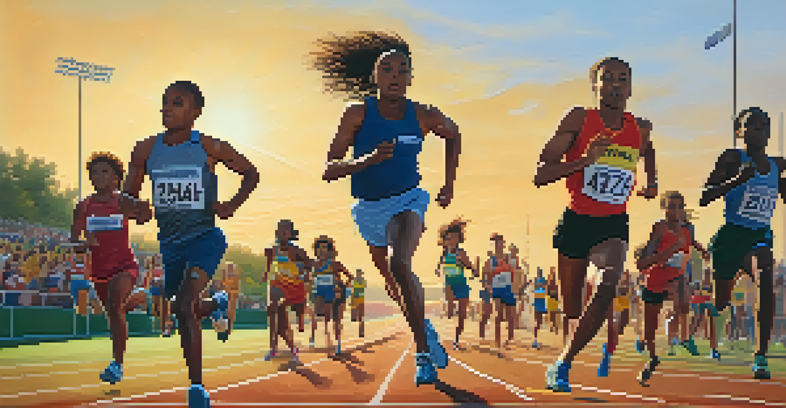 Diverse young runners sprinting on a track with spectators cheering in the background during sunset.