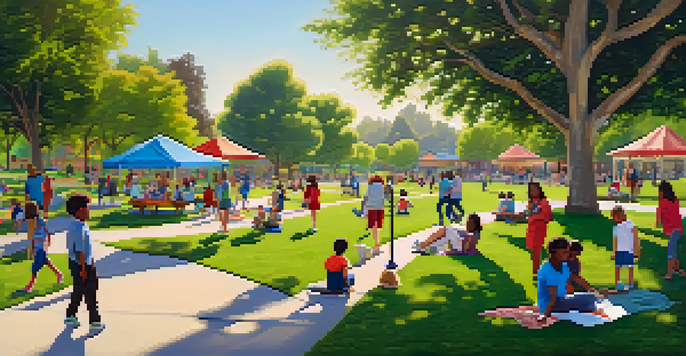 A lively urban park with families, children playing, and community gatherings under the sun.