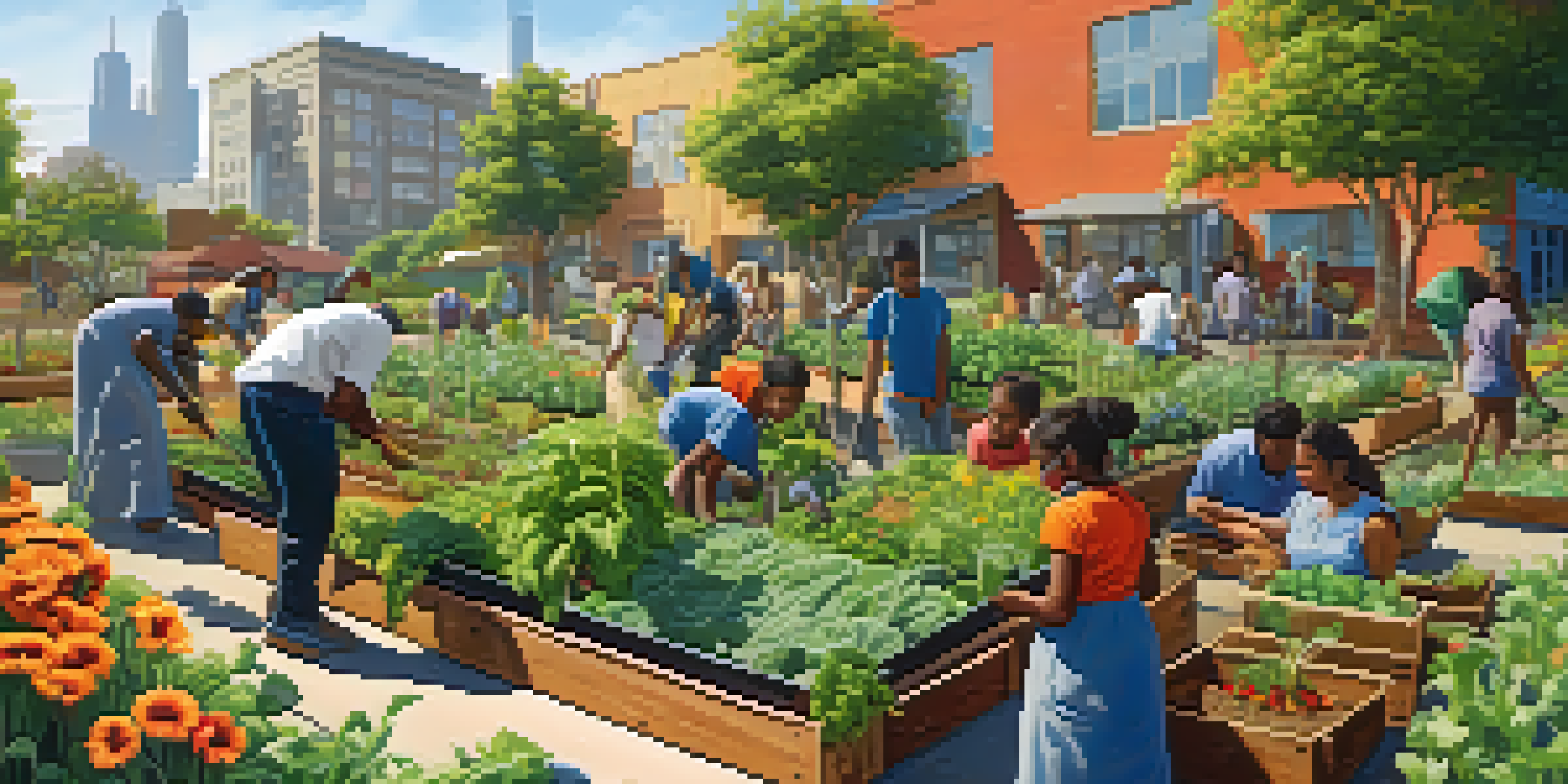 A community garden in Compton with people of various ages planting and harvesting vegetables and flowers under a sunny sky.