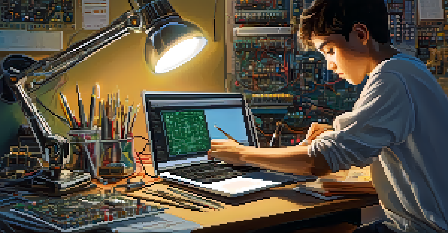 A student's hands working on a STEM project with circuit boards and robots, illuminated by a desk lamp, showing concentration and creativity.