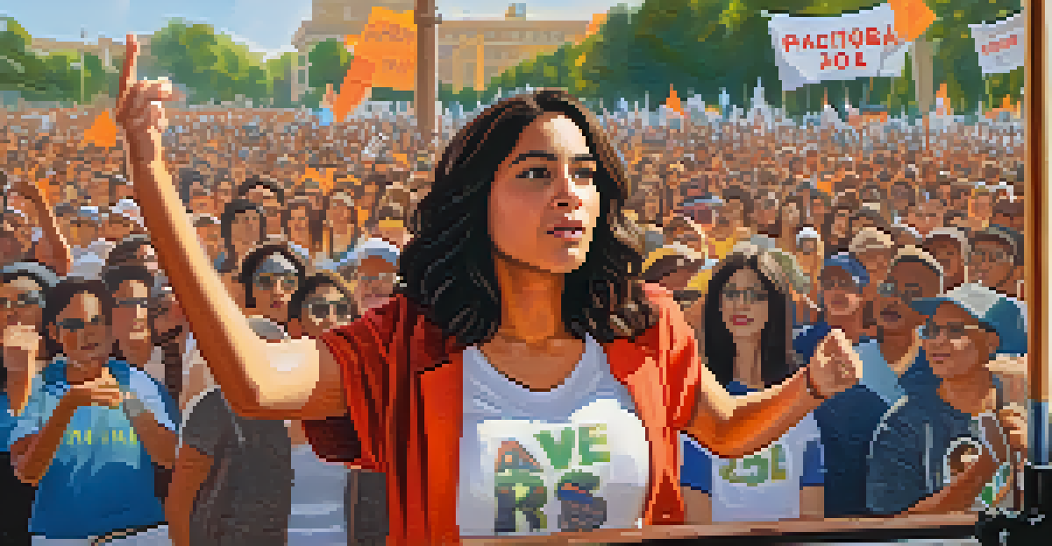 A young activist, Maria Gonzalez, passionately speaking at a rally with supportive peers and banners in the background.