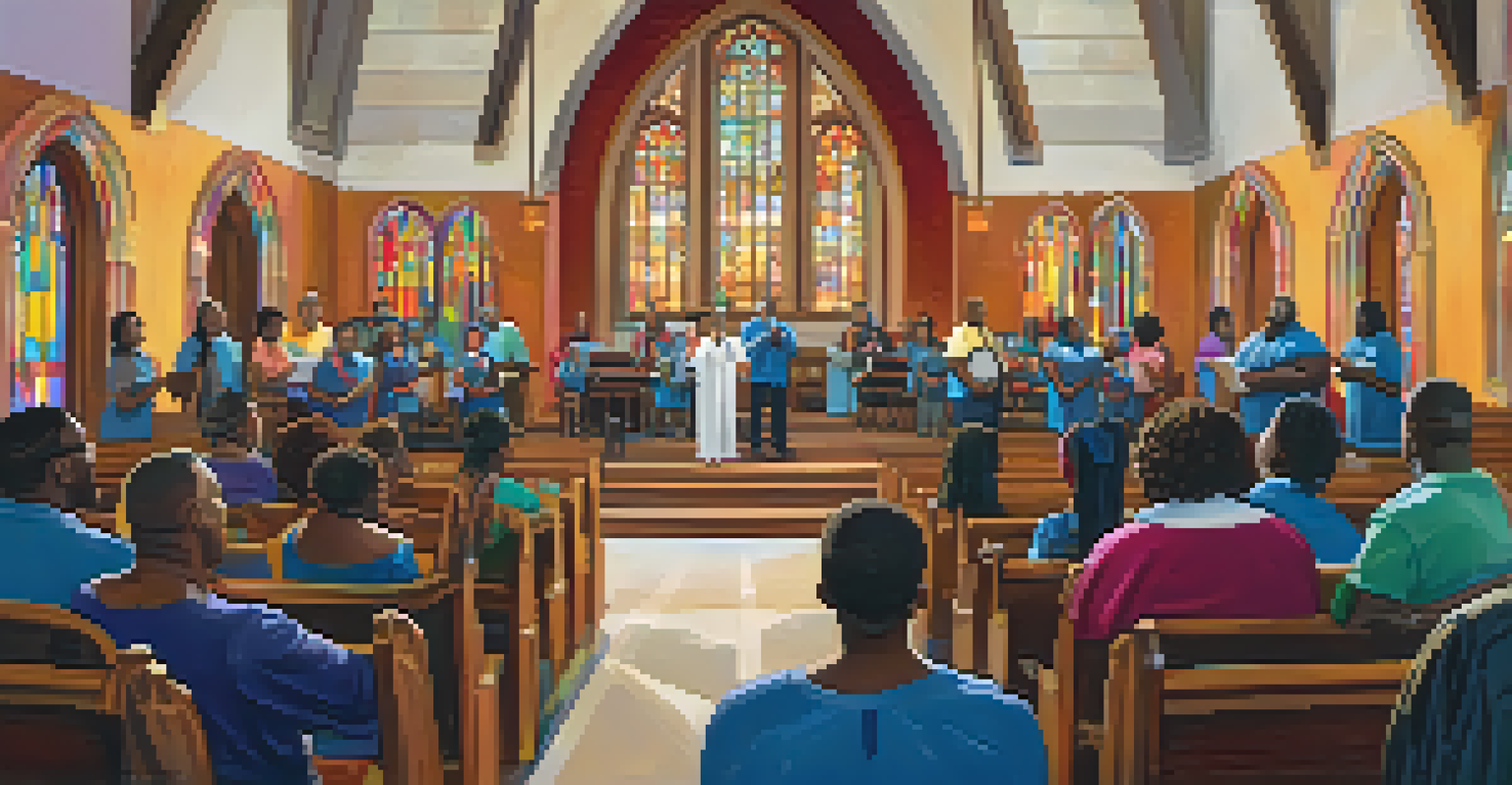 A cozy church interior in Compton with a gospel choir rehearsal, warm lighting, and stained glass windows casting colorful patterns.