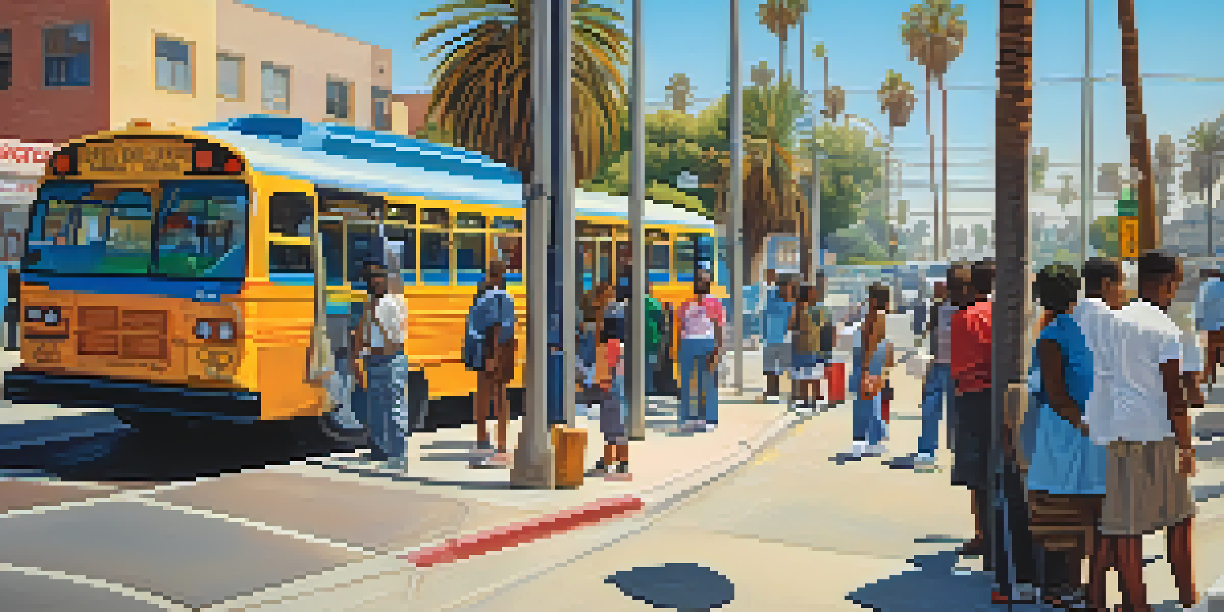 A lively bus stop in Compton with diverse people waiting, colorful murals, and palm trees under a clear blue sky.