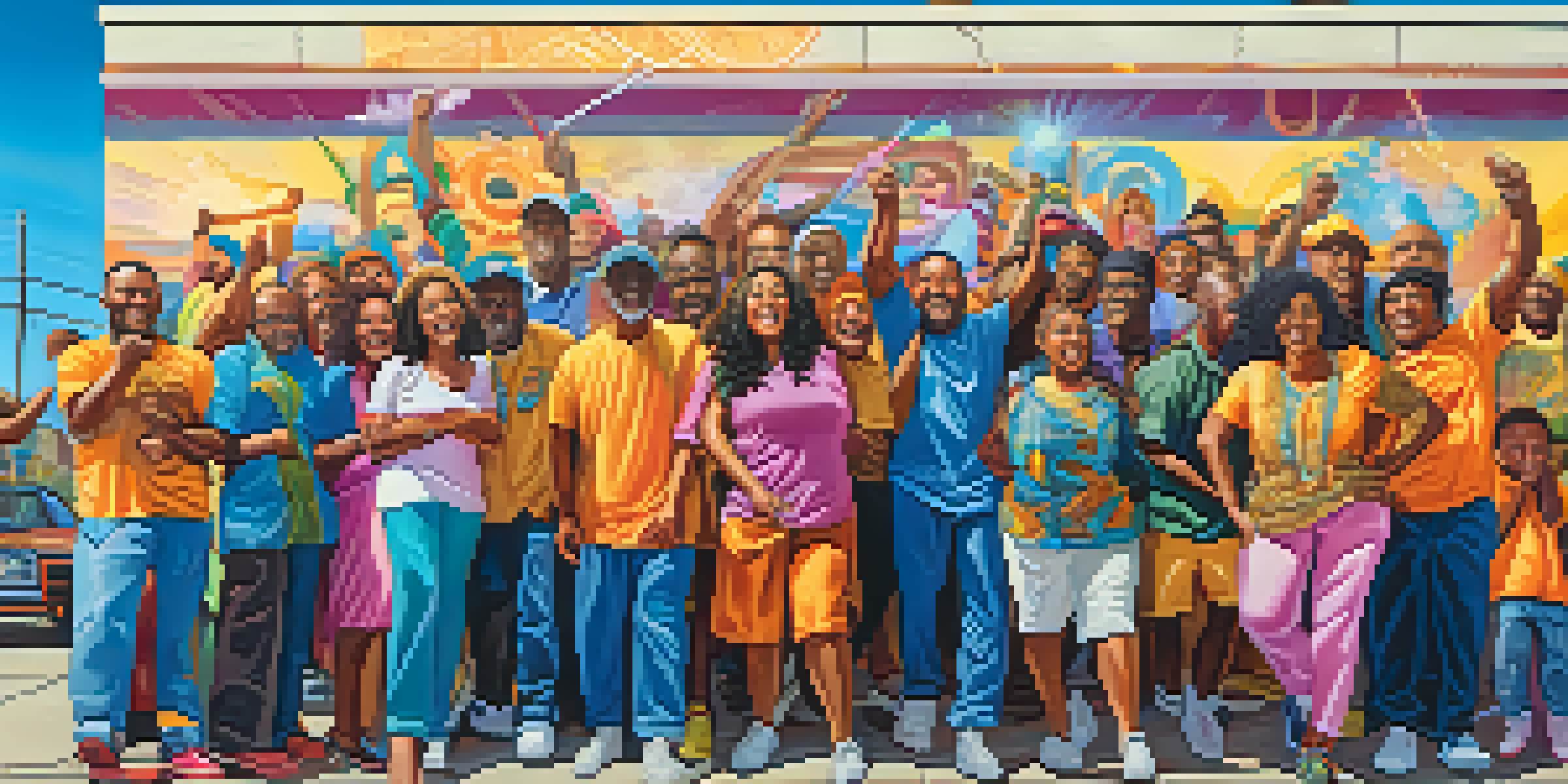 A colorful mural showing diverse community members celebrating unity and resilience on an urban wall.