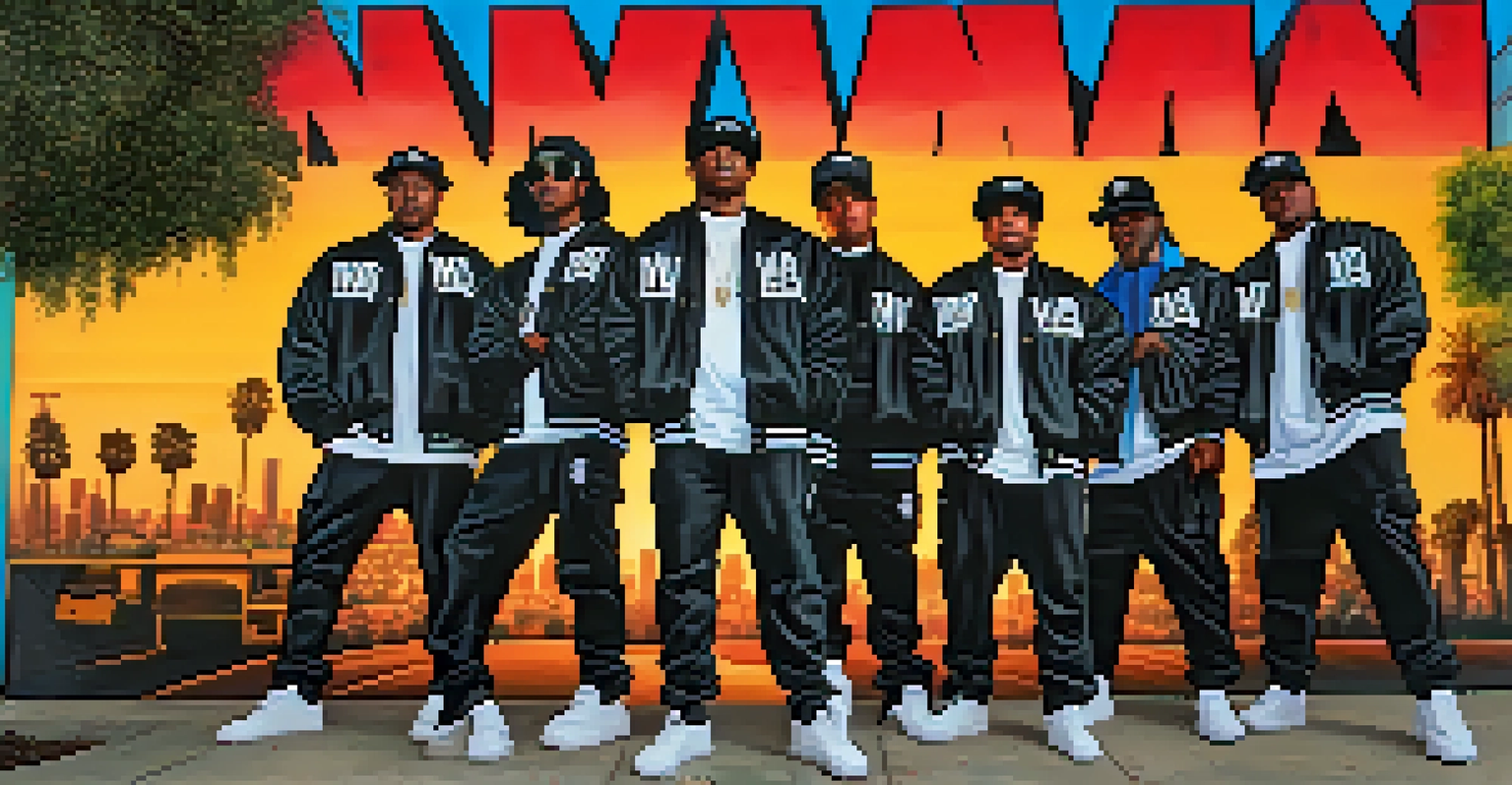 A vibrant mural of N.W.A members against a Compton cityscape at sunset, showcasing their dynamic poses and expressive colors.