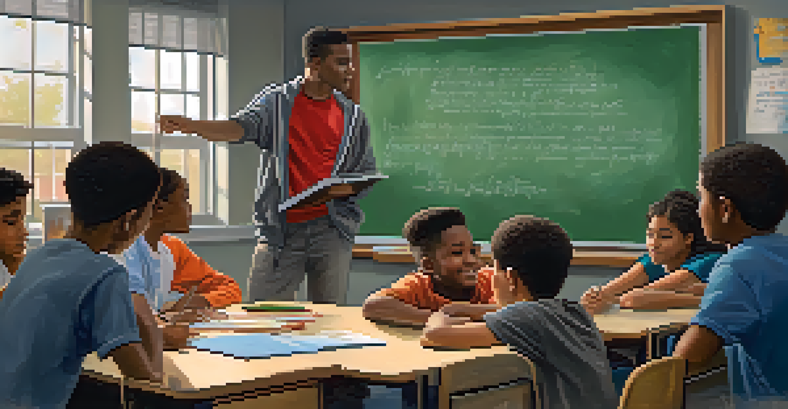 A high school student named Jamal mentoring younger students in a classroom filled with motivational quotes.