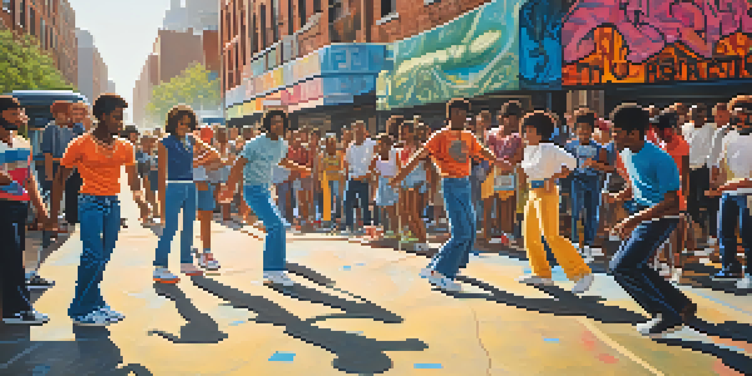 A lively street scene in the 1970s Bronx, featuring breakdancers and colorful graffiti, capturing the essence of hip-hop culture.