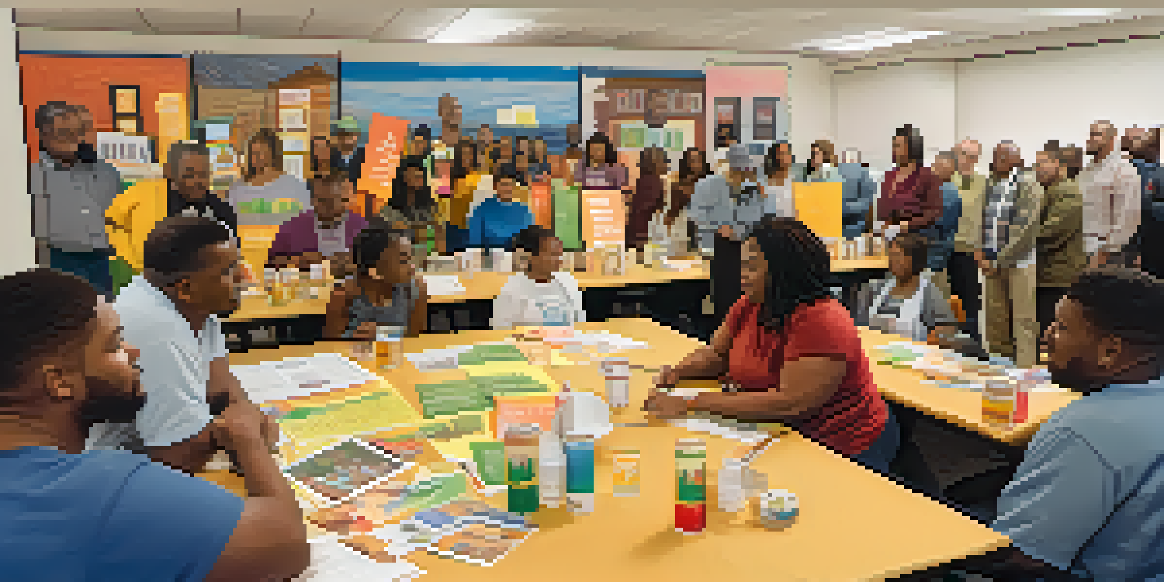 A community workshop in Compton showing residents participating in disaster preparedness discussions, with posters and supplies around them.