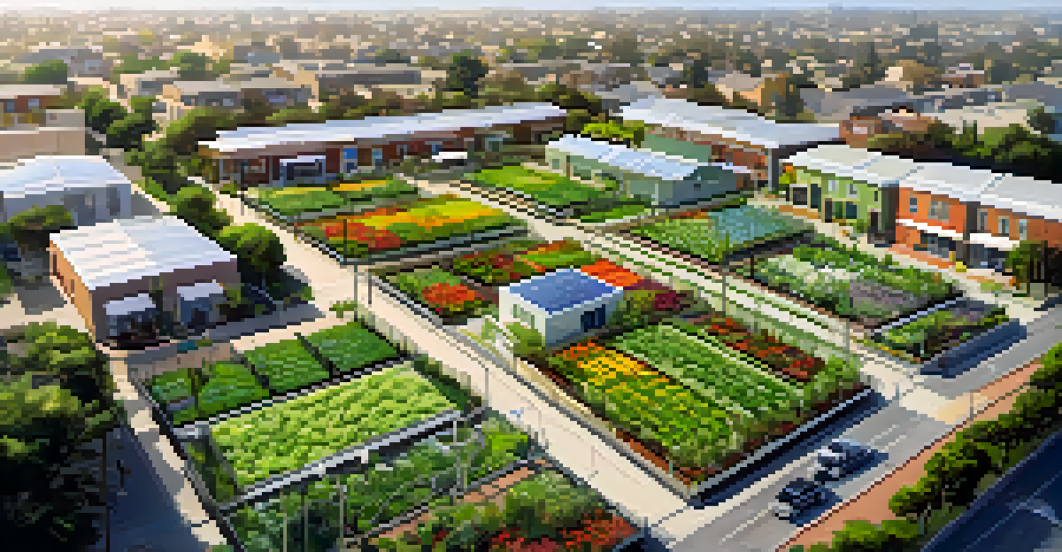 Aerial view of a green infrastructure project in Compton featuring gardens and solar panels amidst urban buildings.