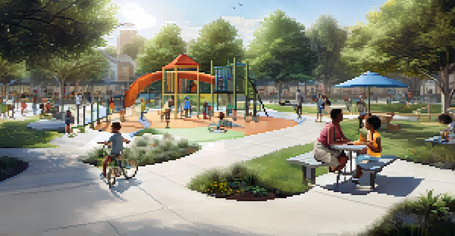 An accessible public space in Compton with wide pathways and inclusive playground equipment, surrounded by trees and seating areas for families and seniors.