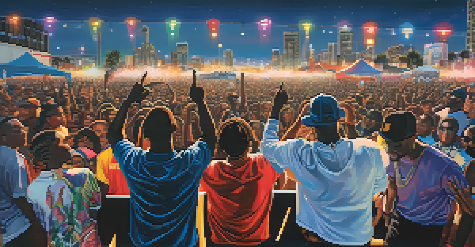 Contemporary West Coast rap artists performing at an outdoor concert in Compton with a lively crowd and city skyline.