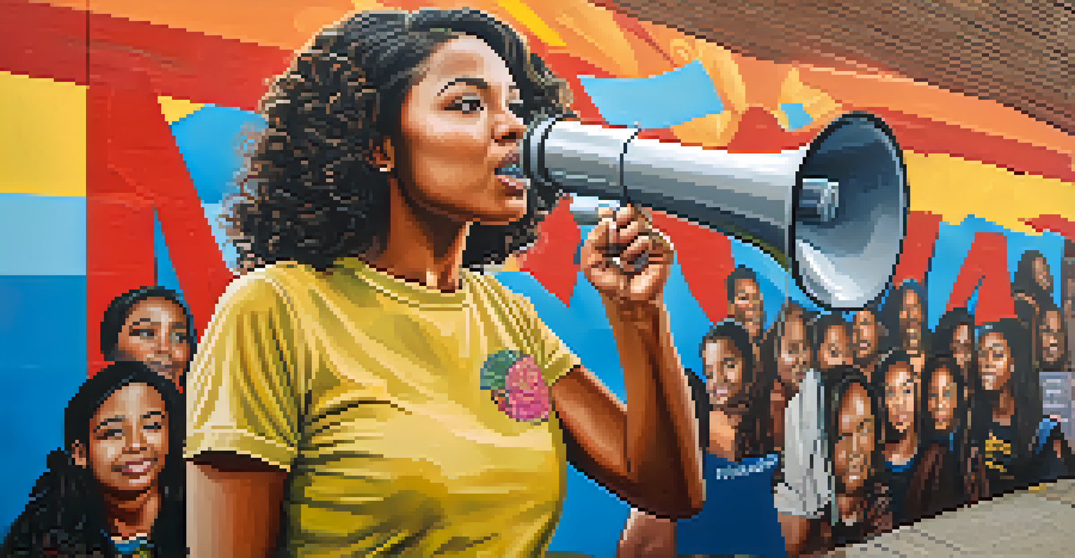A young female activist in Compton standing in front of a vibrant mural celebrating women in activism, holding a megaphone and a sign.