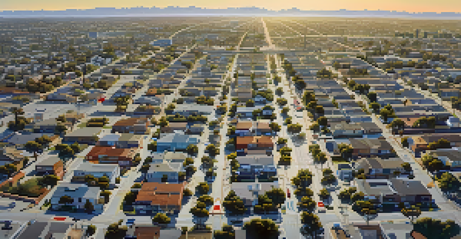 Aerial view of Compton showing neighborhoods and transport routes with Los Angeles skyline in the background.