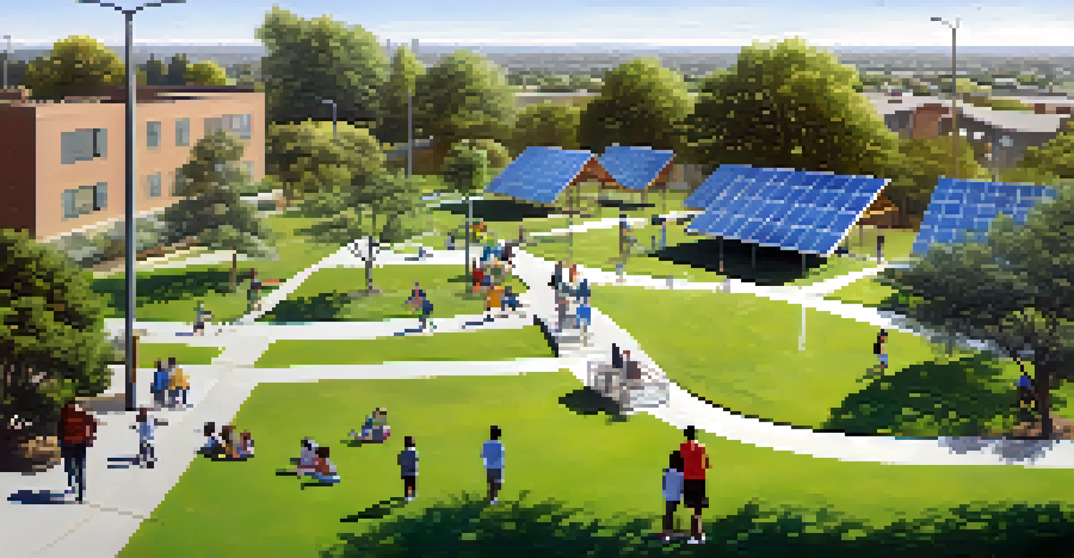 A green park in Compton with families, solar panels, walking paths, and smart surveillance cameras.