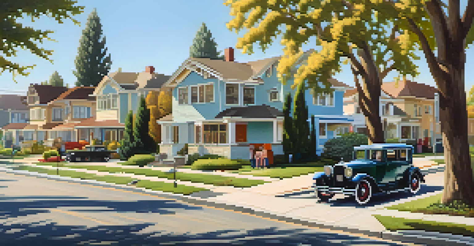 A suburban neighborhood in Compton in the 1920s with single-family homes, families, and children playing under warm sunlight.