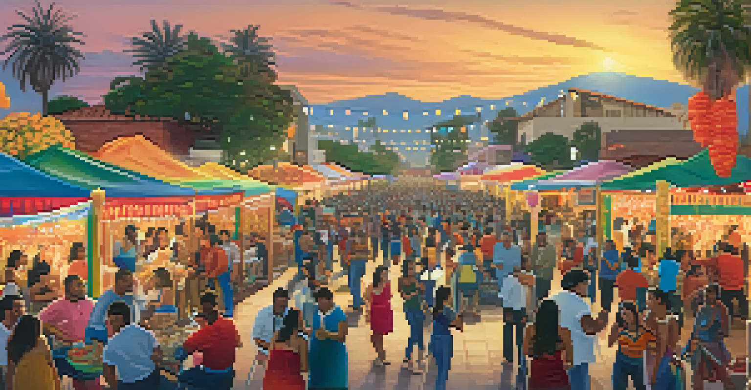 A festive scene celebrating Hispanic Heritage Month in Compton, with decorations, food stalls, and dancing.
