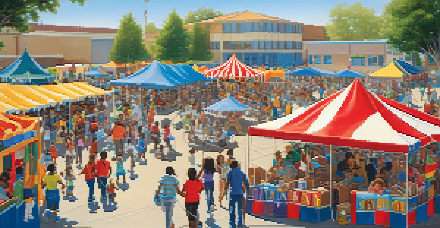 A lively school fair at an elementary school in Compton, with families and children enjoying games and activities under colorful tents.