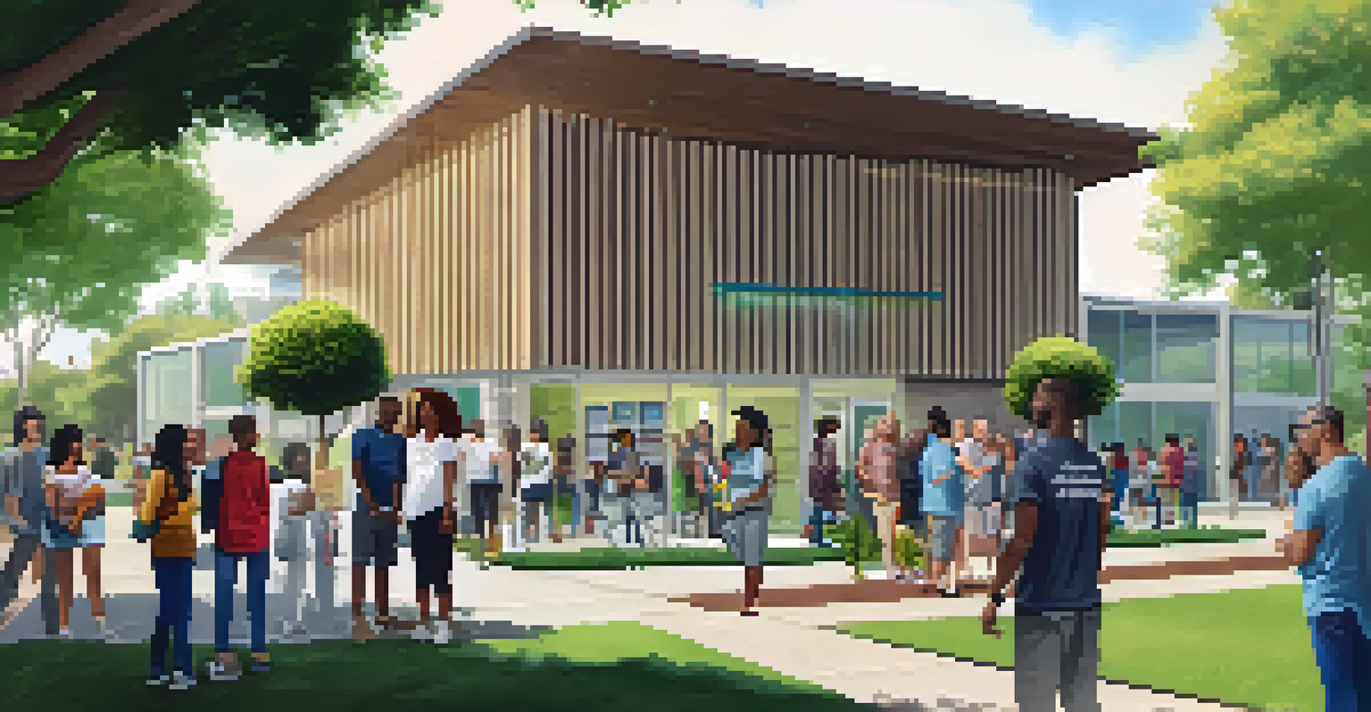 The exterior of Compton Libraries, showcasing a modern building with a sign for digital literacy programs and community members gathered outside.