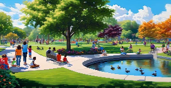 A lively park in Compton filled with families, children playing, and a serene pond under a bright blue sky.