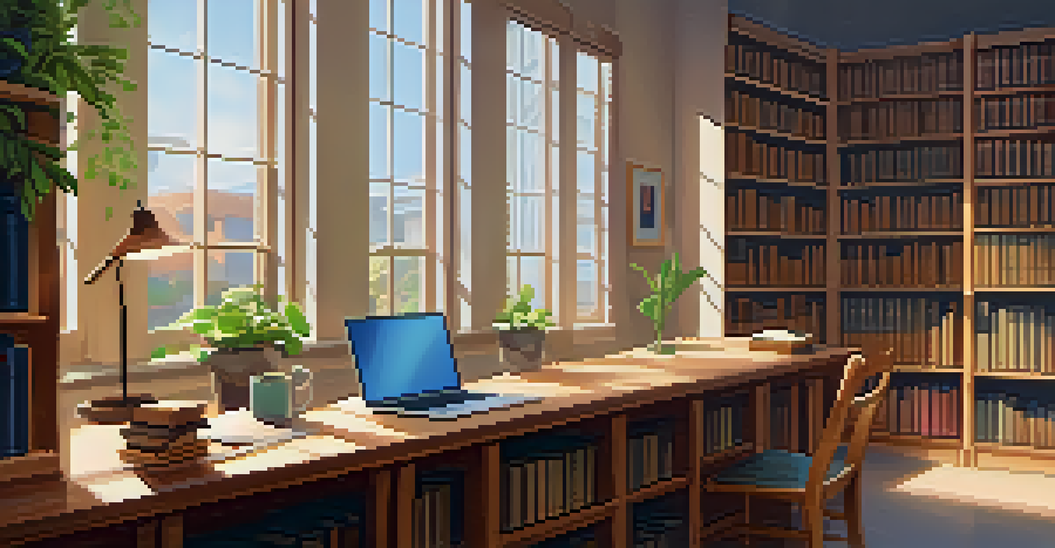 A peaceful study area in a public library with a teenager working on their laptop amidst bookshelves.