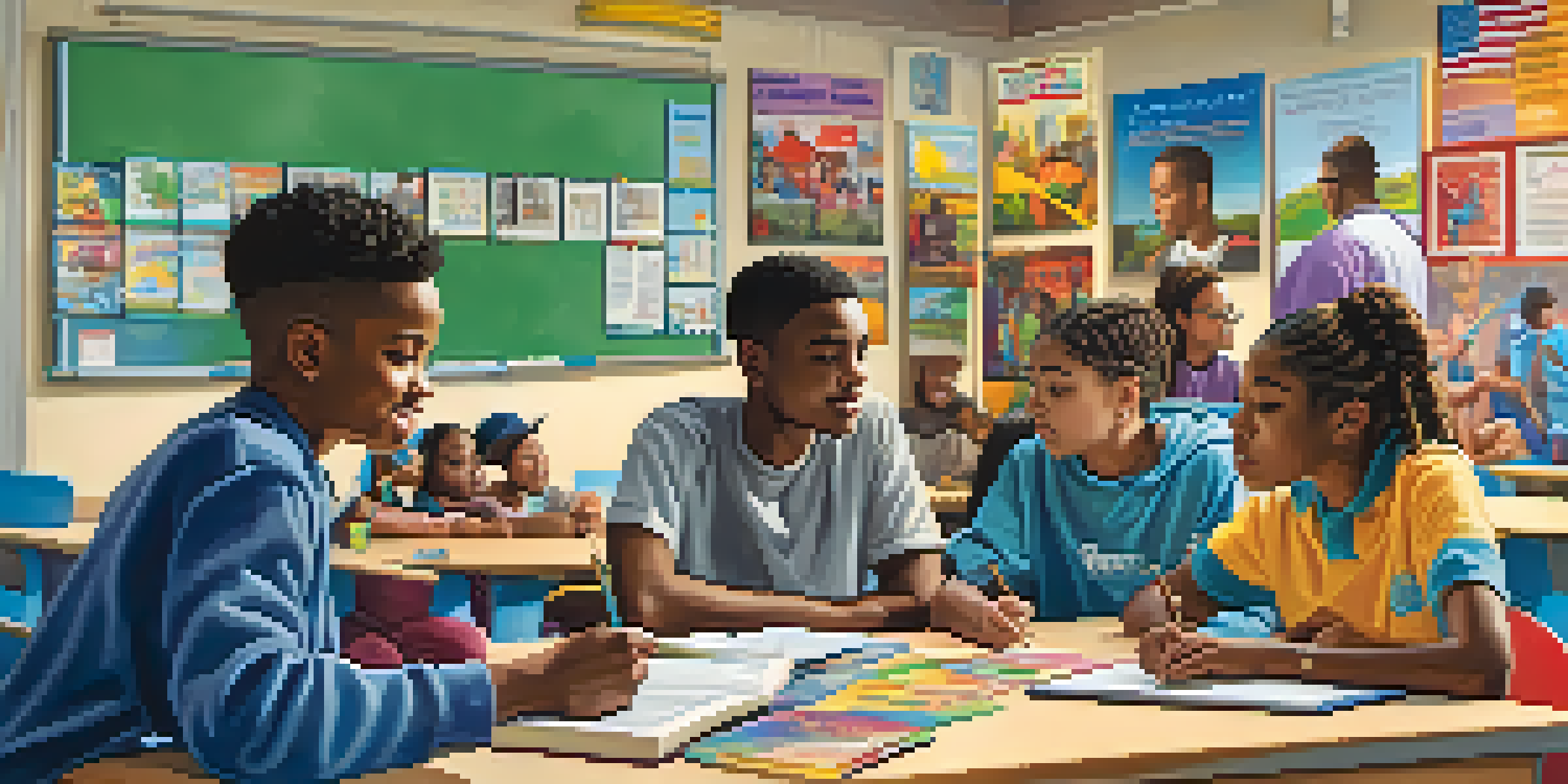 A diverse group of youth in a colorful classroom participating in an after-school tutoring session with a caring mentor.
