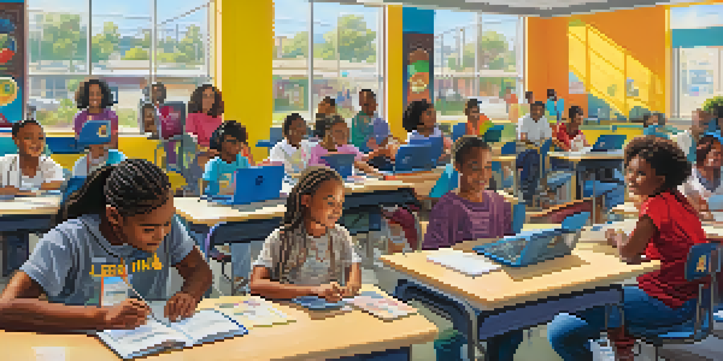 A community center in Compton with adults and children engaged in digital literacy training at computers, surrounded by colorful banners.