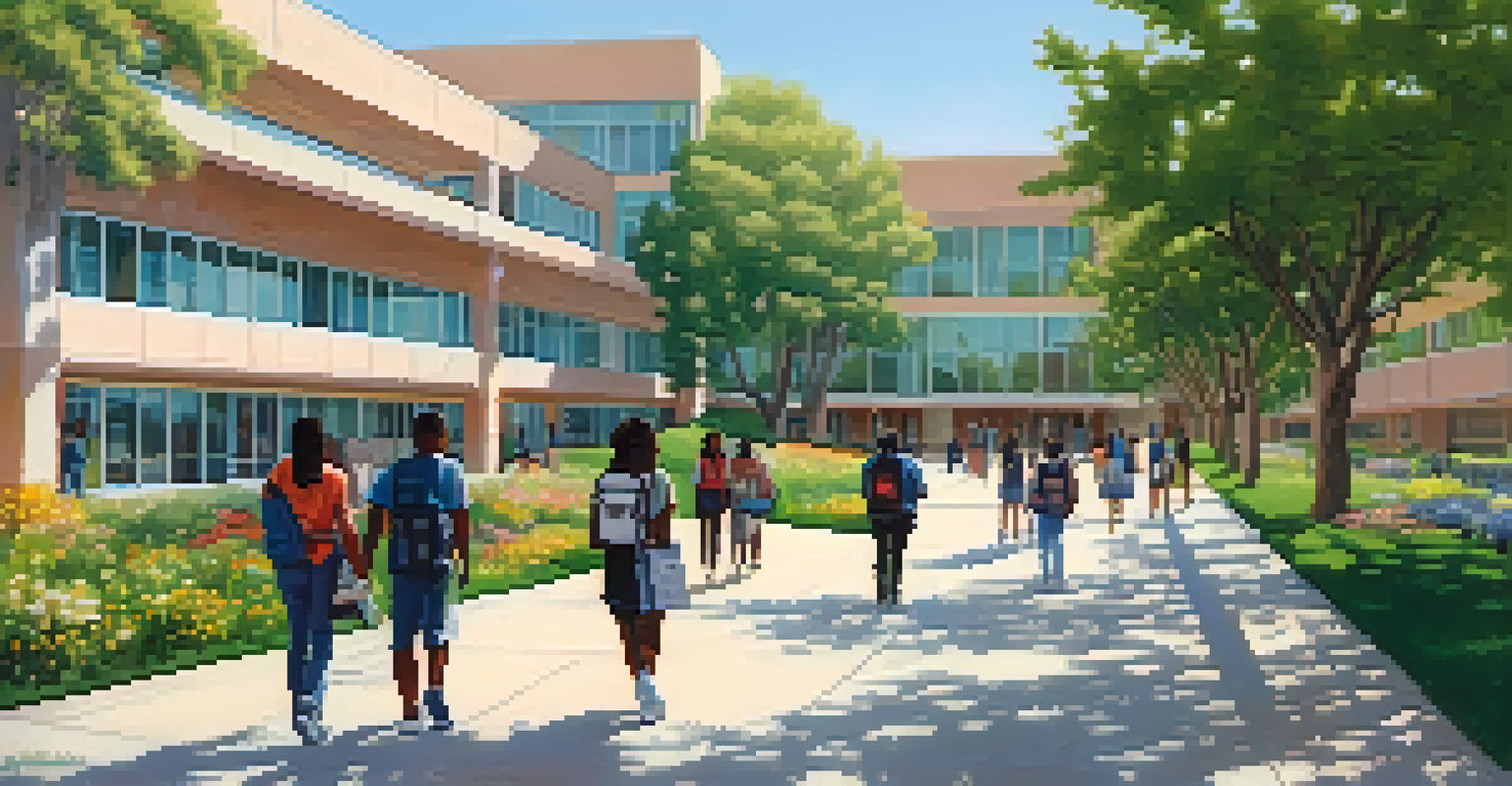 A community college campus in Compton, showcasing students walking and enjoying the greenery.