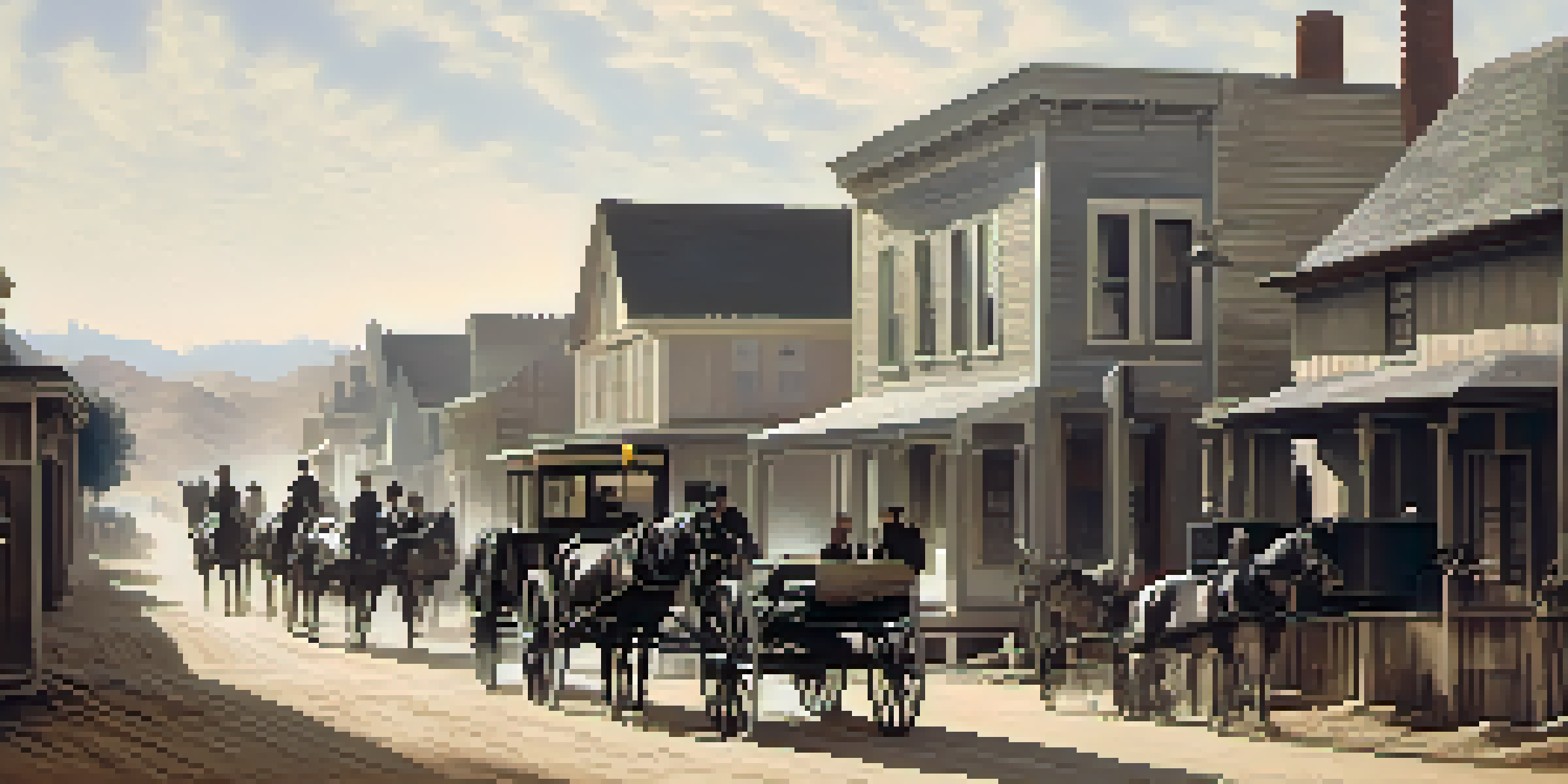 A black and white photograph depicting horse-drawn carriages on a dirt road in Compton, surrounded by simple wooden houses.