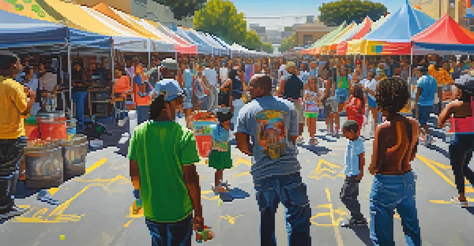 Artists painting murals at a street art festival in Compton, with spectators enjoying the vibrant atmosphere and local musicians performing.