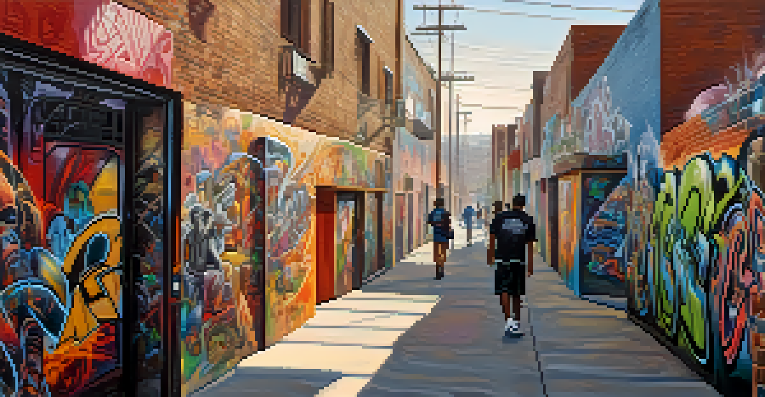 An aerial view of a graffiti-covered alley in Compton, showcasing intricate murals and people admiring the artwork.
