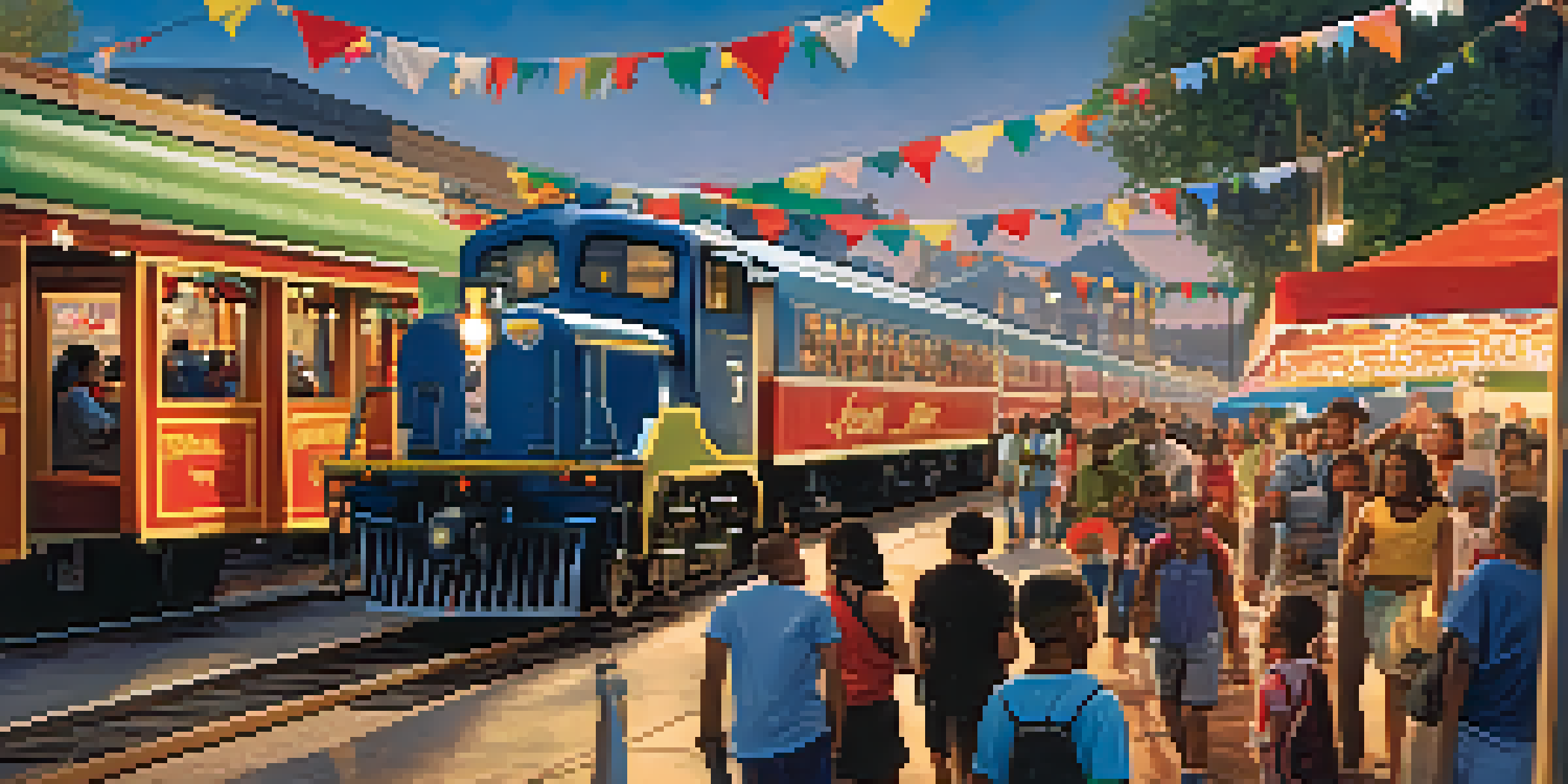 Families enjoying a train-themed festival in Compton, with food stalls, live music, and a historic train in the background.